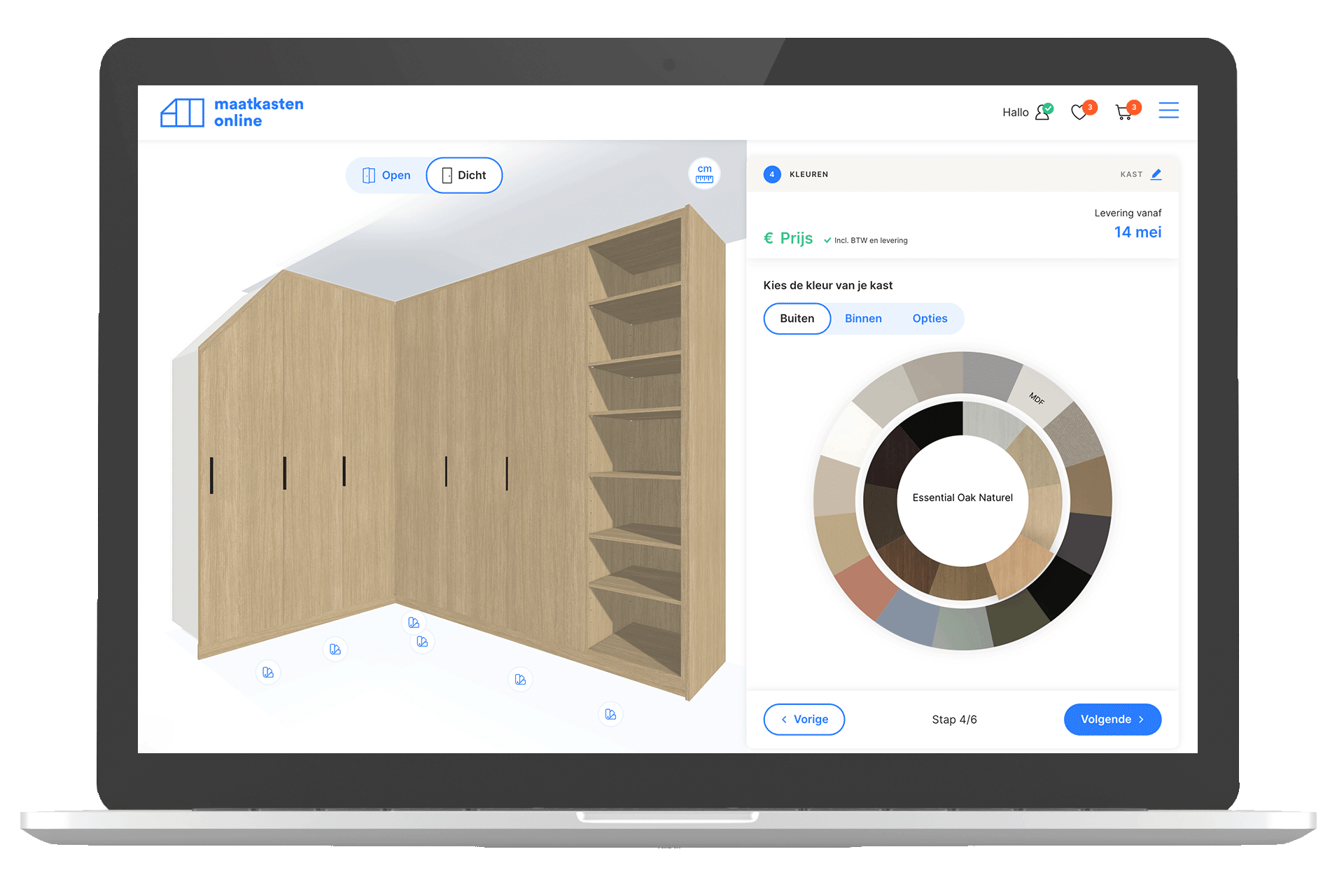 Configuration 3D d'un placard en L de Maatkasten Online