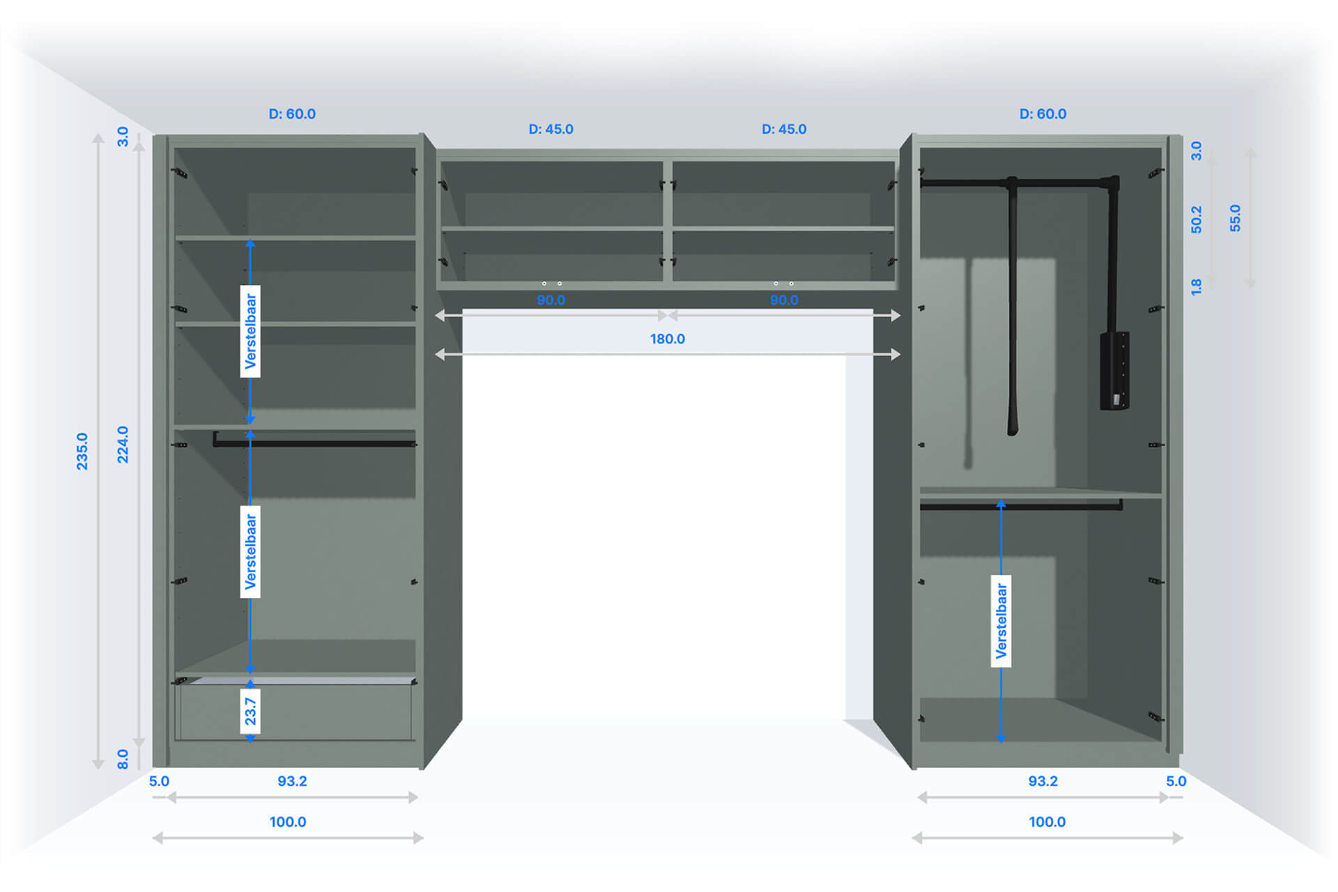 Dimensions of the over bed bridge cabinet