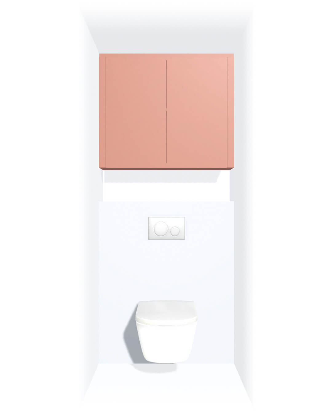 Zwevende toiletkast op maat boven wc tussen twee muren in de kleur Dusty Coral