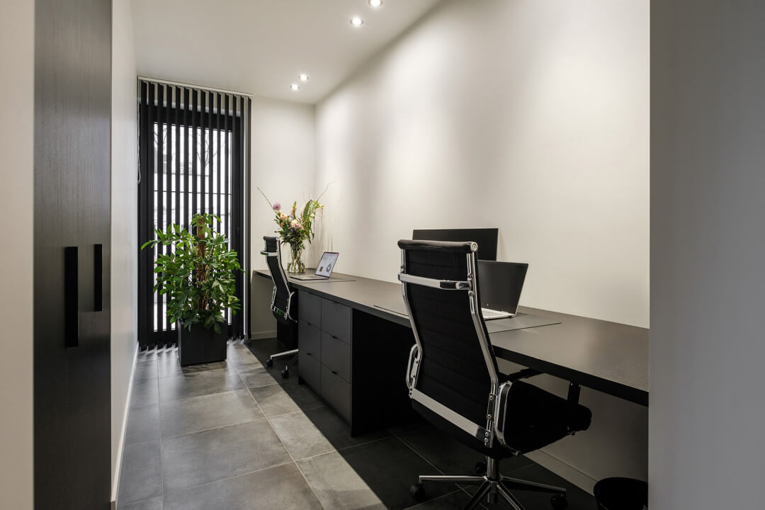 Custom office cabinets in the wood tone Elegant Black