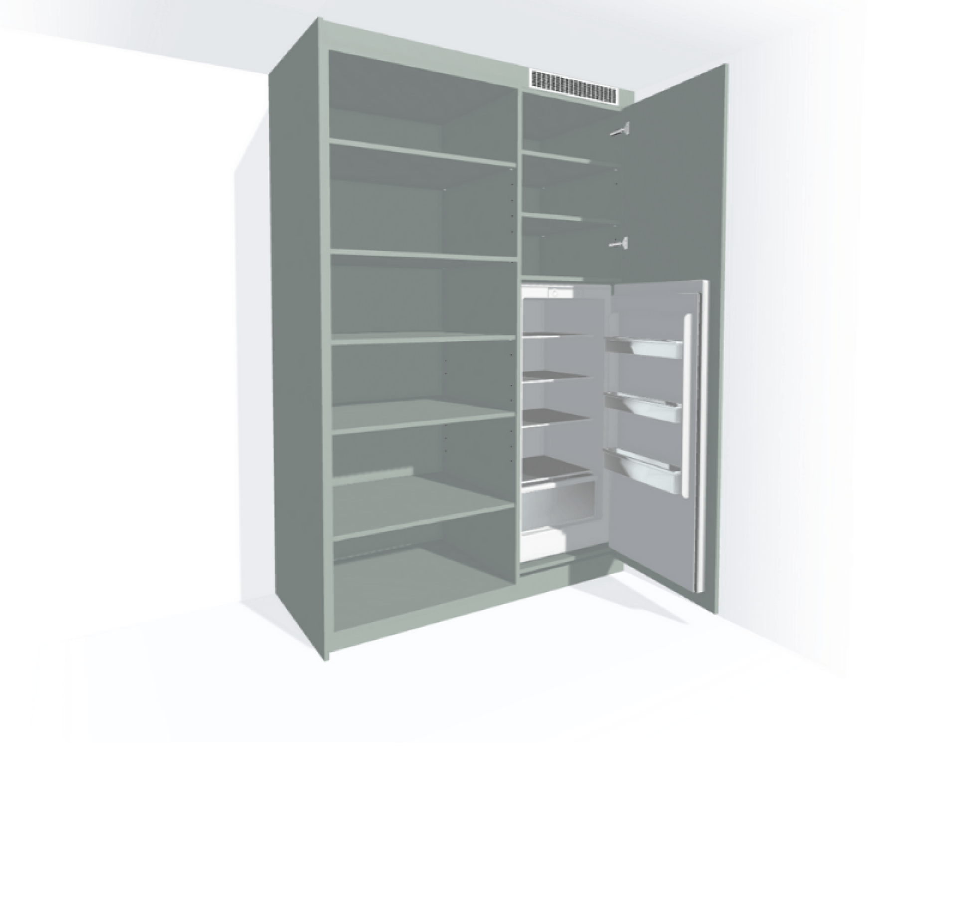 productietekening van een koelkastkast in Sage Green