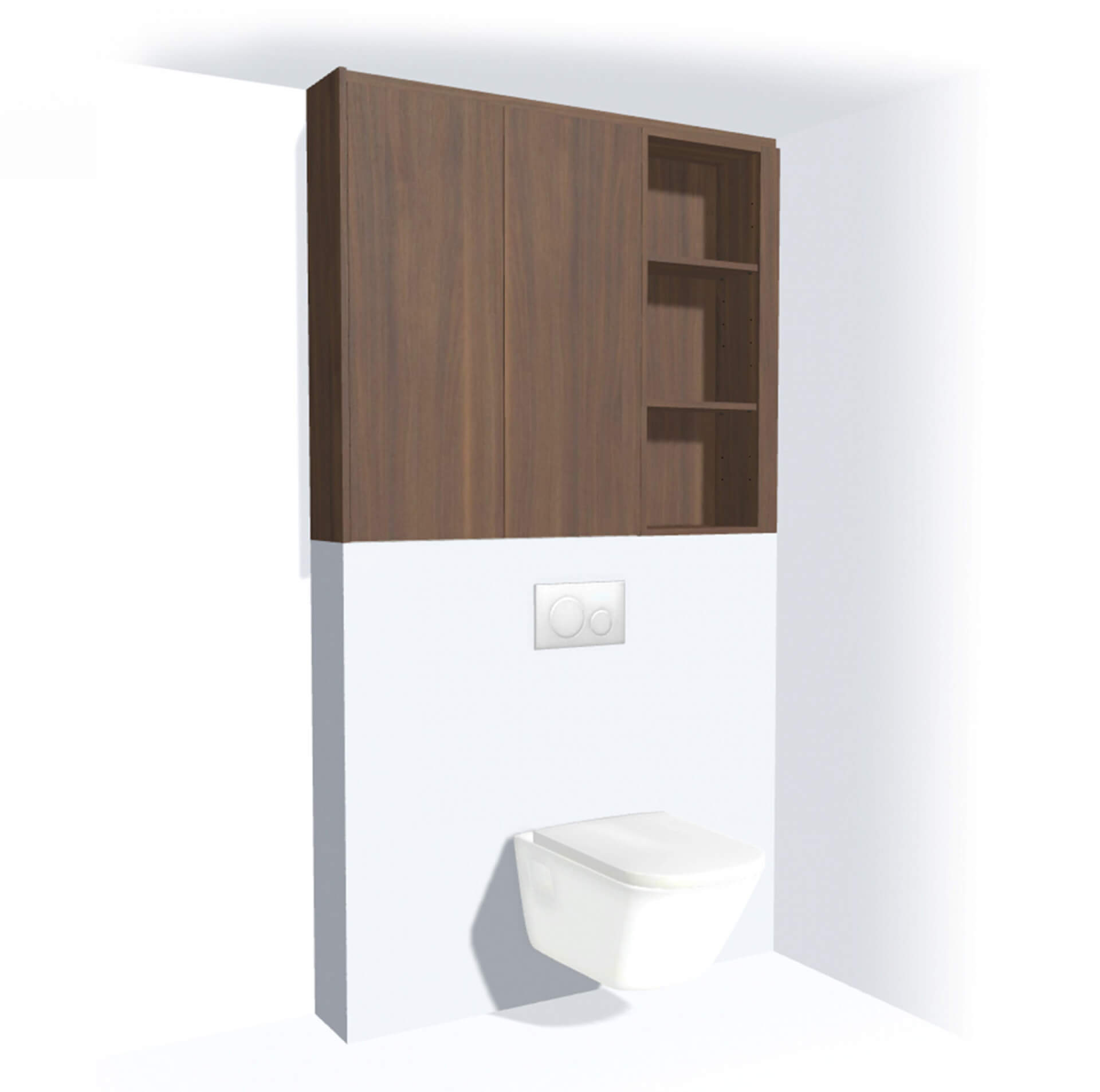  Custom storage cabinet above the toilet with a walnut wood look