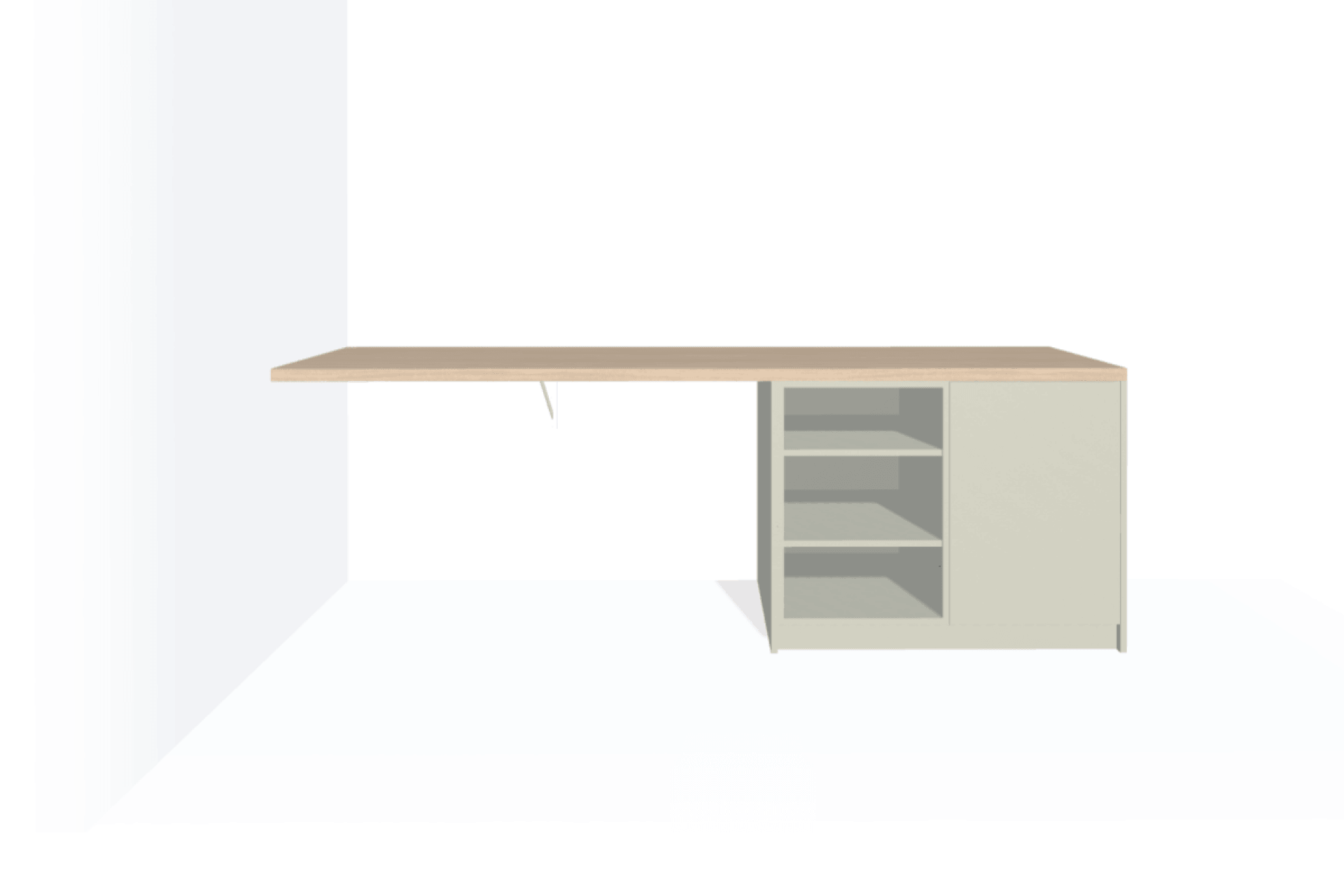 Ingebouwde bureau op maat met open kast links in Silver Blue en tablet in Atlas Oak