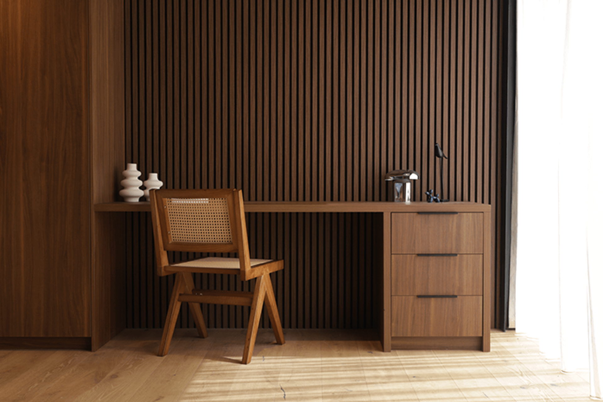 Bureau à domicile avec un bureau devant un mur acoustique Walnut Oak