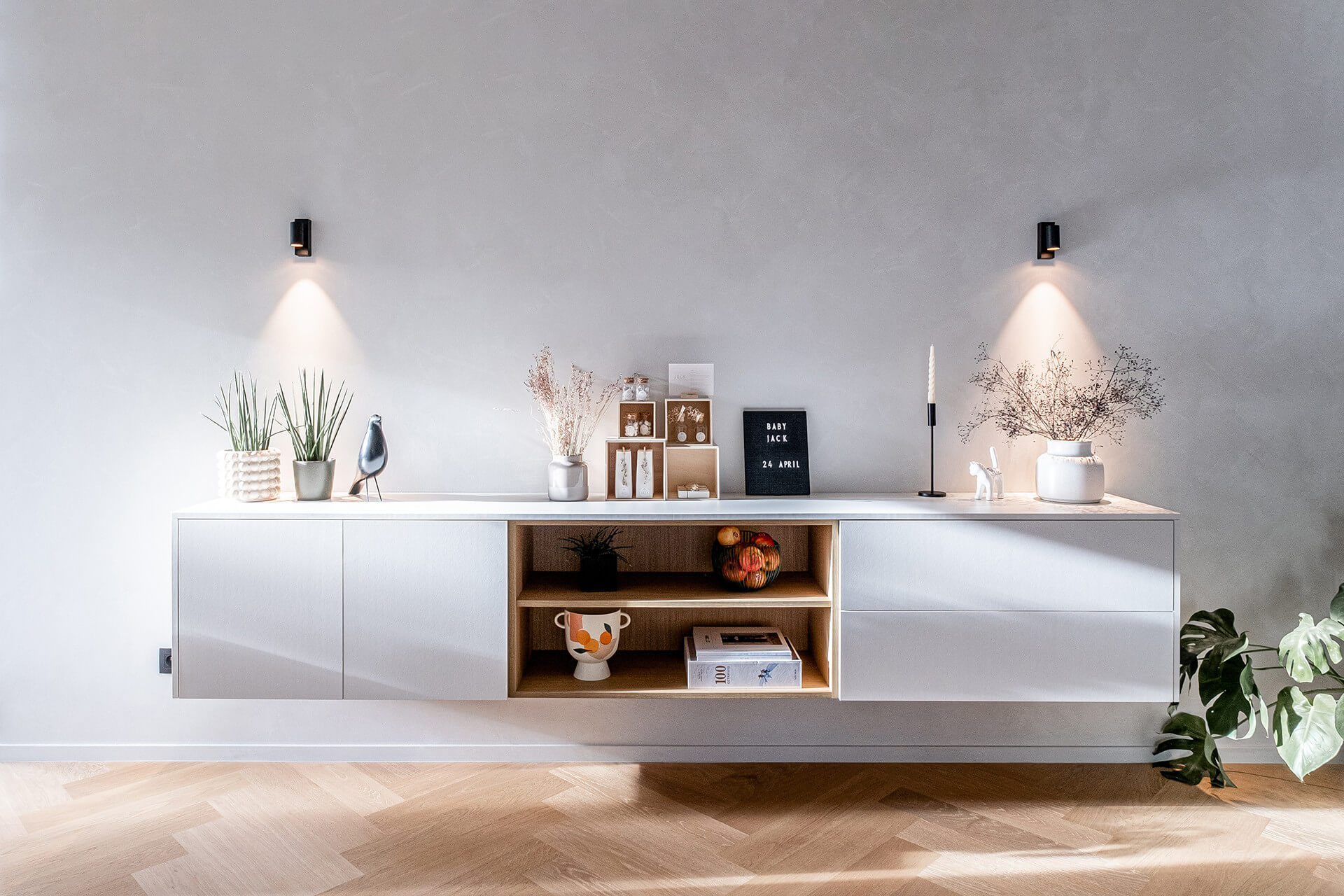 floating chest of drawers in white with open compartment in wood structure