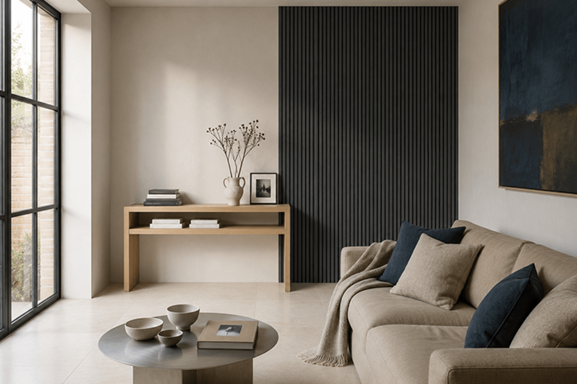 Salon avec panneaux muraux acoustiques Charcoal Oak derrière le divan