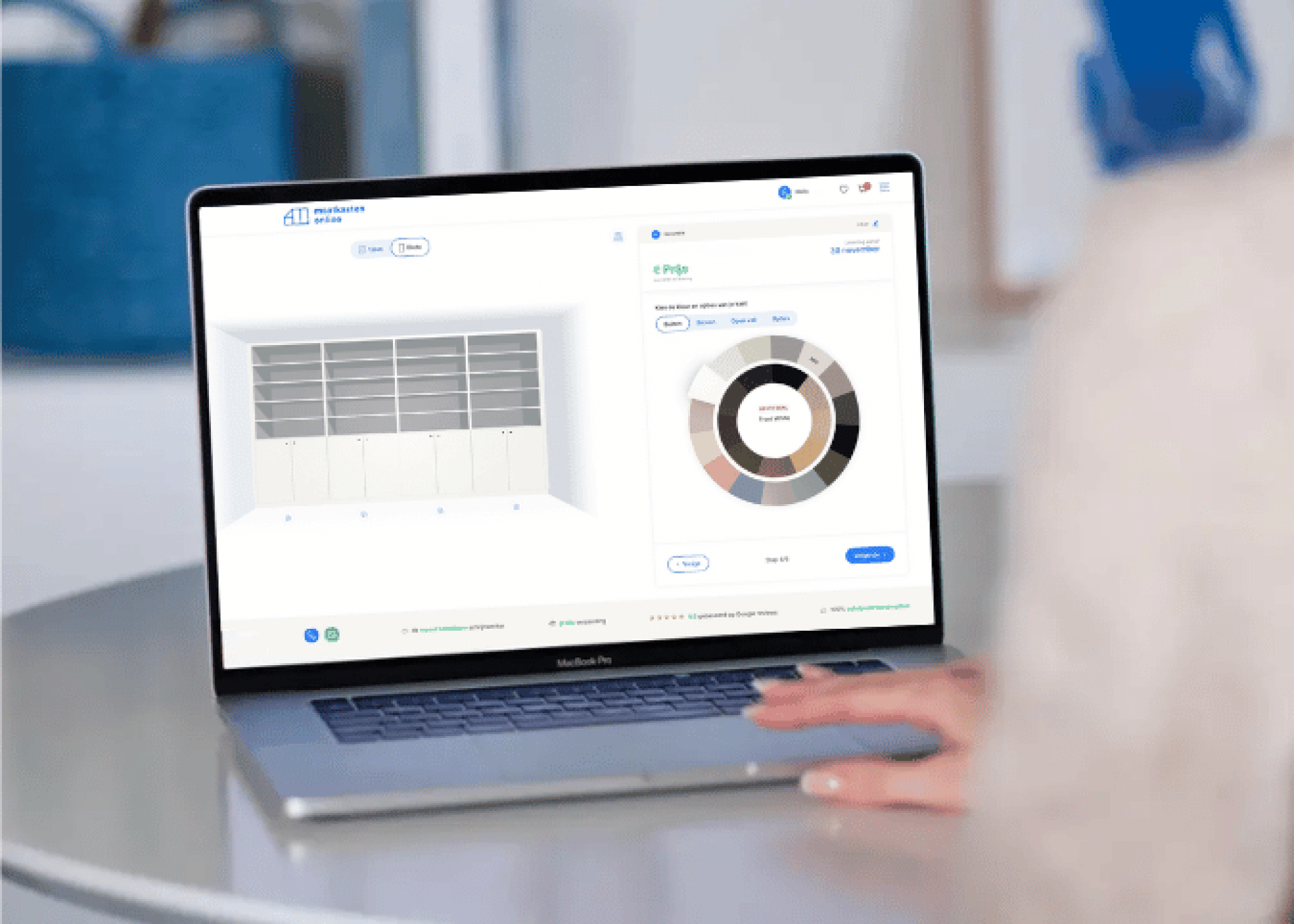 Ordinateur portable avec le configurateur 3D de Maatkasten Online pour concevoir votre bibliothèque sur mesure