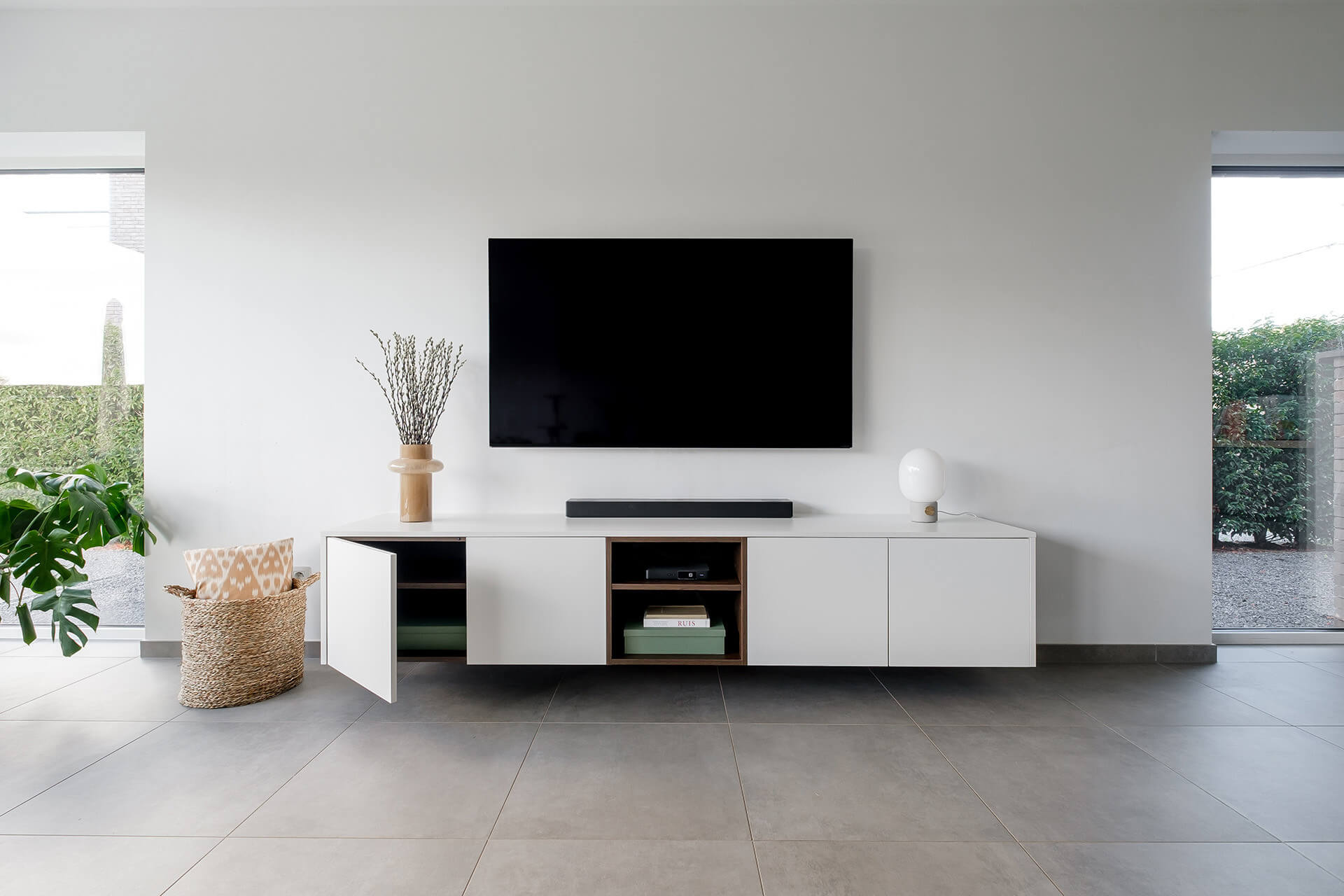  White, custom floating TV cabinet