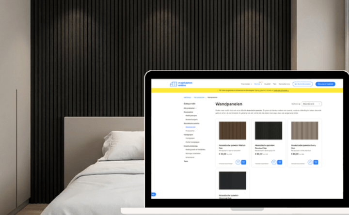 Mockup van laptop met overzichtspagina van akoestische panelen bij Maatkasten Online