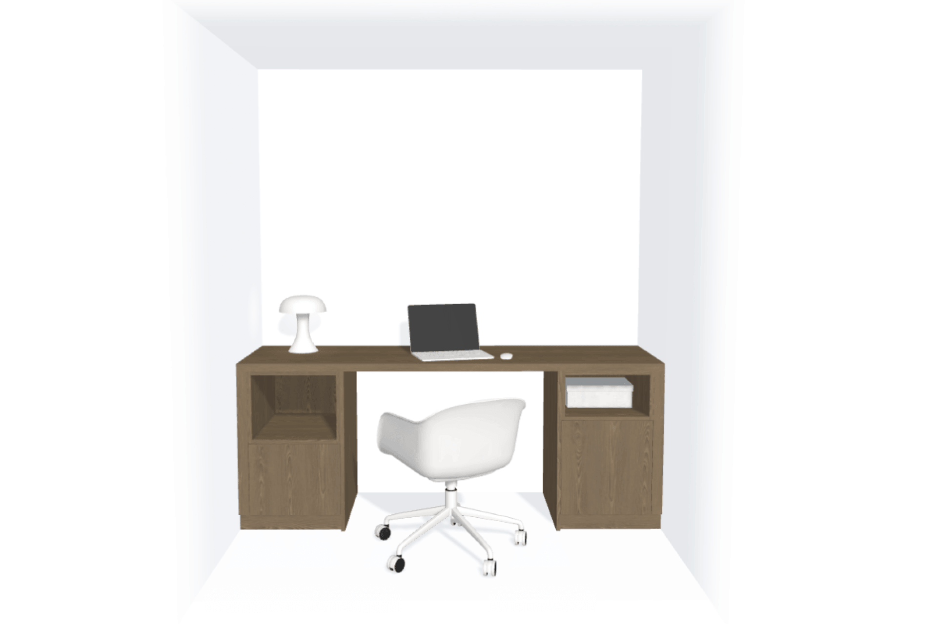 Ingebouwde bureaukast op maat met kastjes links en rechts in Lorenzo Walnut
