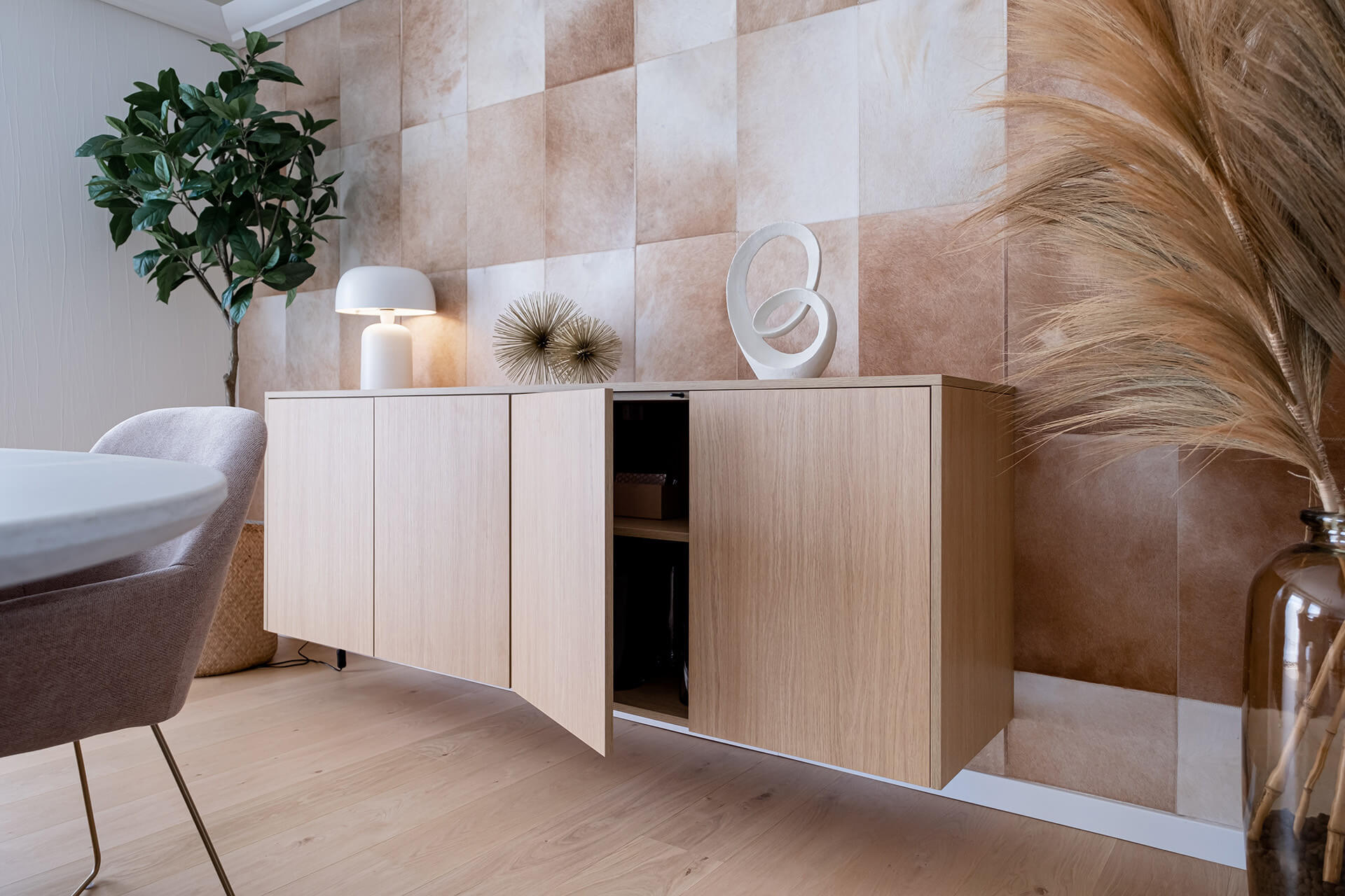 Made-to-measure sideboard in Essential Oak and push-to-open doors