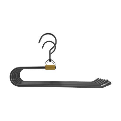Black trouser hangers in gun metal, front view. 2 hooks, 36cm wide en 32cm long. Room for max 6 pants. From the boutique of Maatkasten Online.
