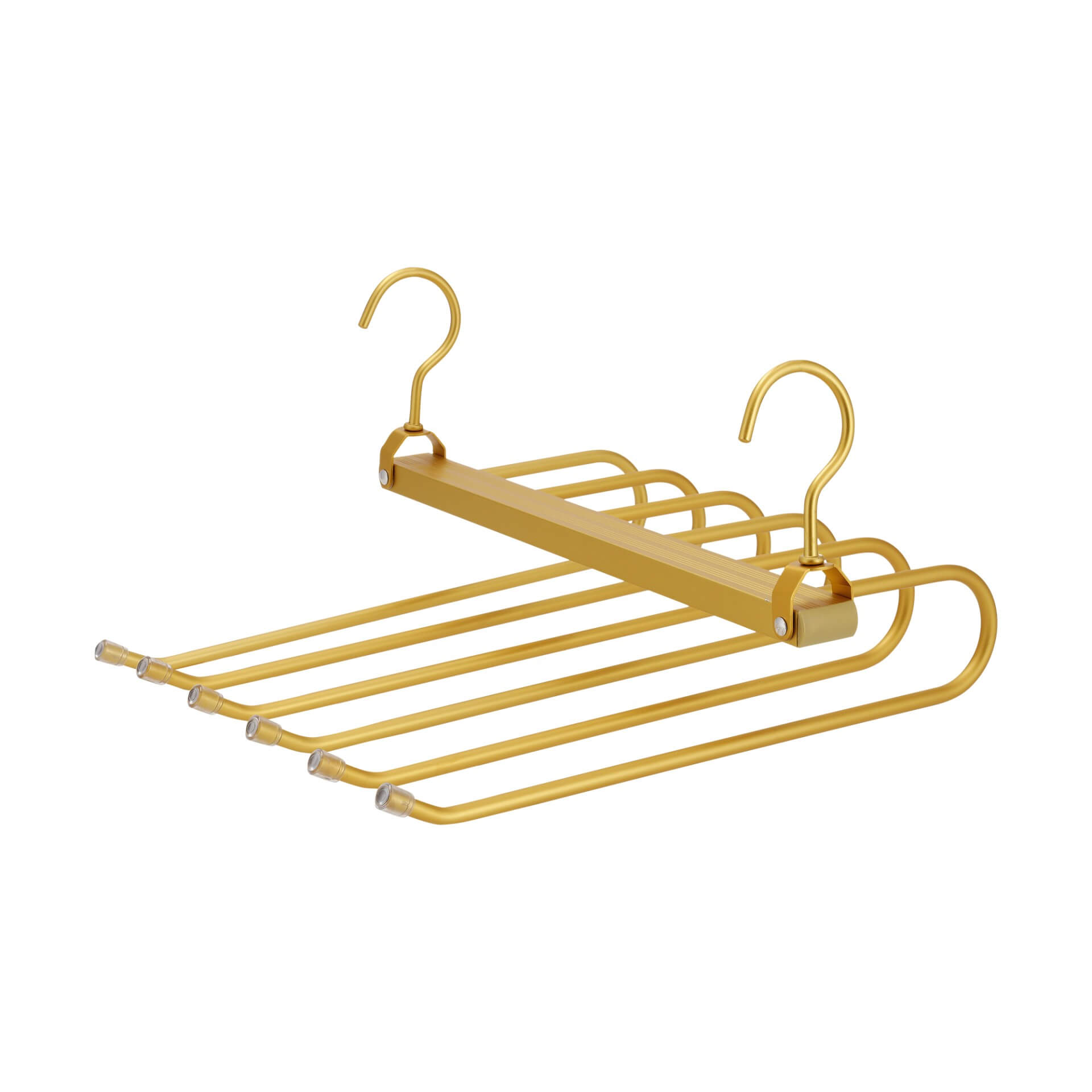Gold-colored trouser hanger in brass, side view. 2 hooks, 36 cm wide and 32 cm long. Room for a maximum of 6 trousers. From the boutique of Maatkasten Online.