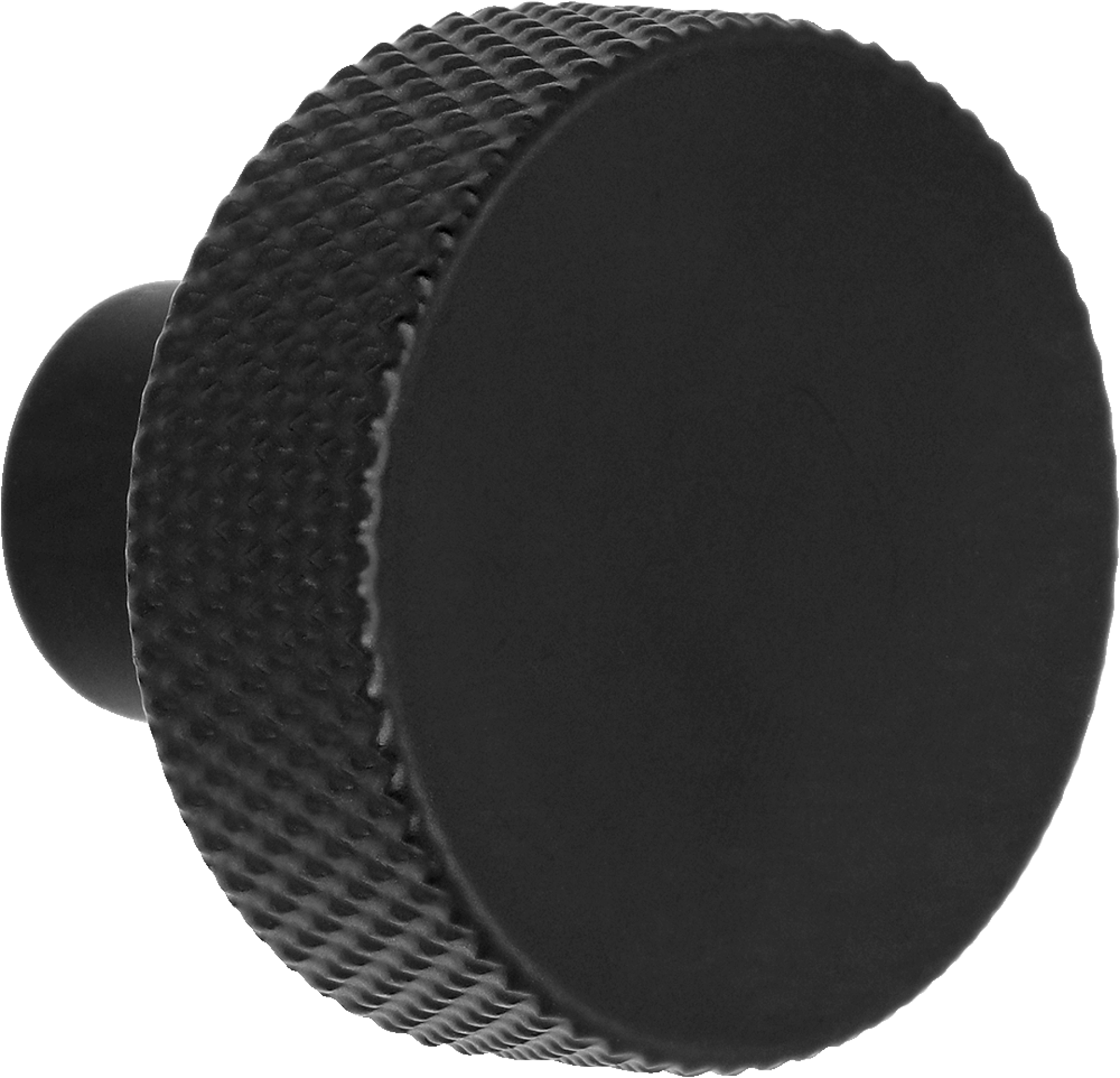 Button handgreep in het zwart, vooraanzicht. Diameter van 3,5cm, diamond cut structuur op de rand. Van uit de boetiek van Maatkasten Online.