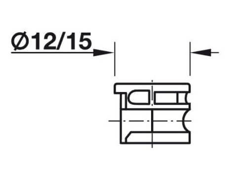 Technical sketch of the Minifix cam showing dimensions. The drawing highlights the cylindrical shape, with diameter and depth specified for accurate fitting in 15 mm standard bore holes in custom cabinetry.