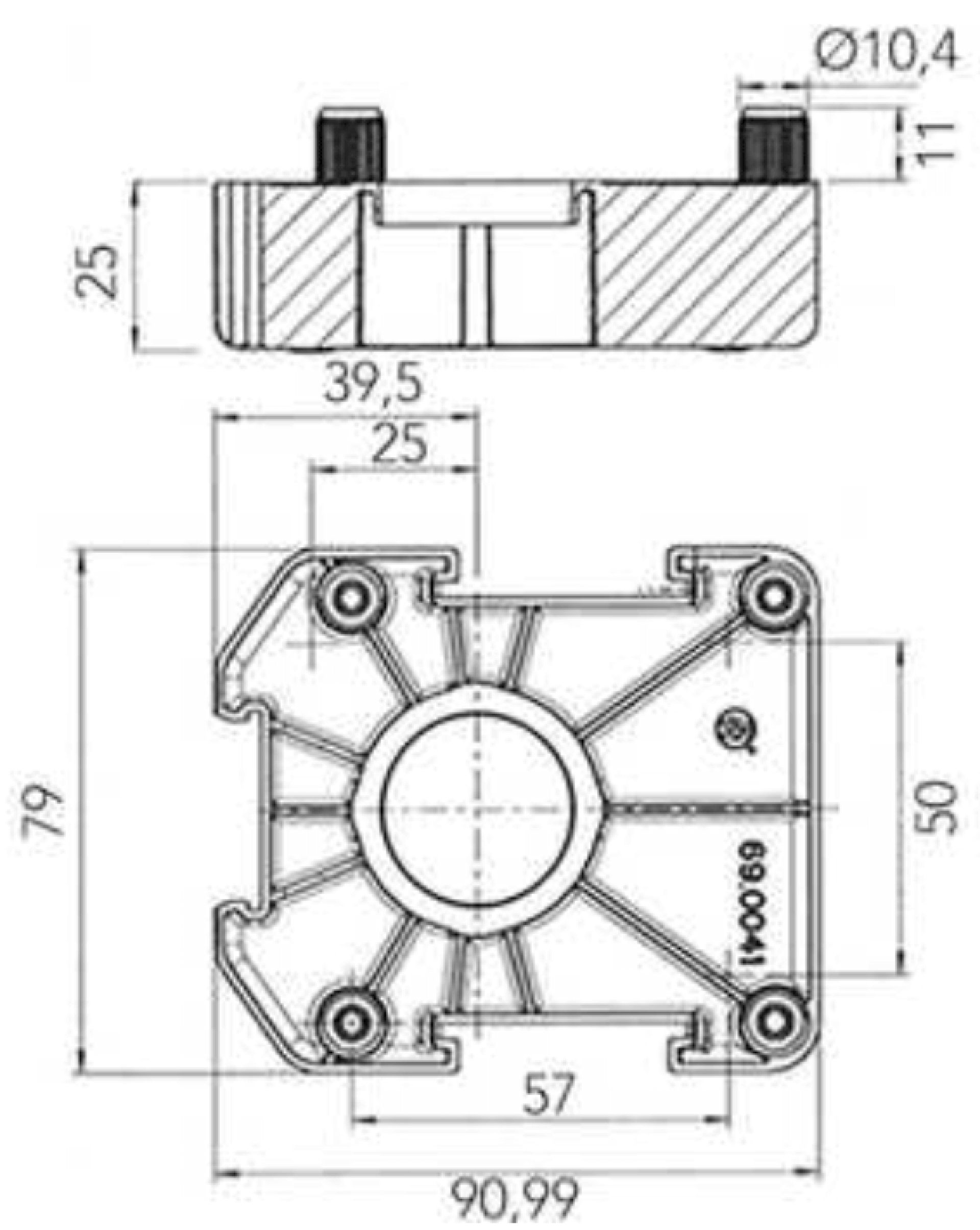Detailed technical drawing of the mounting plate for a plinth leg. It displays all key dimensions, screw hole positions, and the structure of the plastic base. Essential for accurate and stable installation in custom cabinetry