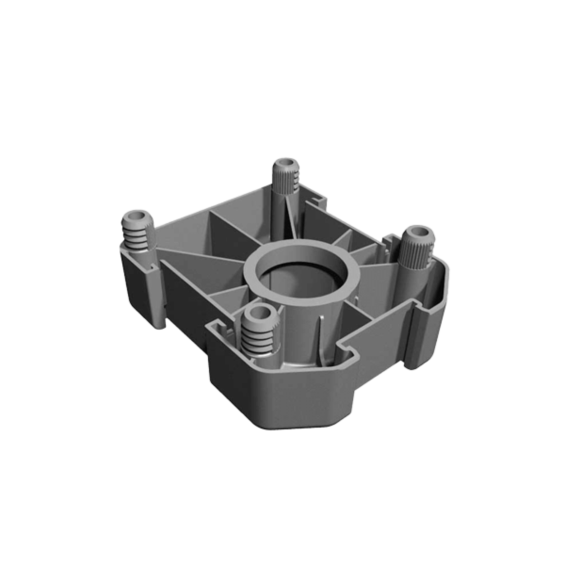 Close-up of a black plastic mounting plate for plinth legs. This plate ensures a solid connection between the leg and the base of a custom cabinet. Pre-formed screw holes allow for quick and stable installation on various cabinet surfaces