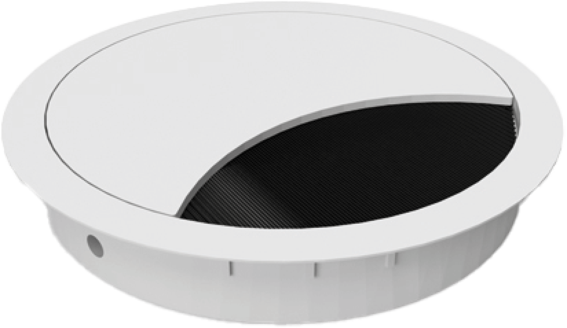 Op de foto zie je een ronde witte kabeldoorvoer met een diameter van 60 mm, perfect geschikt voor een nette kabelafwerking in bureaubladen of maatkasten. De afneembare deksel en het uitschuifbare klepje maken het eenvoudig om kabels netjes te geleiden en uit het zicht te houden. De strakke, neutrale kleur past perfect in elk modern interieur.