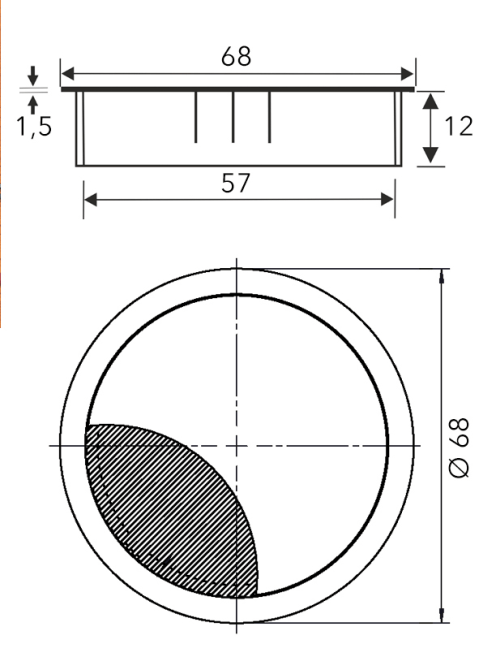 Gedetailleerde technische tekening van een ronde kabeldoorvoer in zwarte uitvoering met een diameter van 60 mm. De tekening toont de afmetingen van de flens, de inbouwdiepte en de kabeluitsparing. Ideaal als referentie bij het frezen of monteren van de doorvoer in bureaubladen of maatwerkmeubels