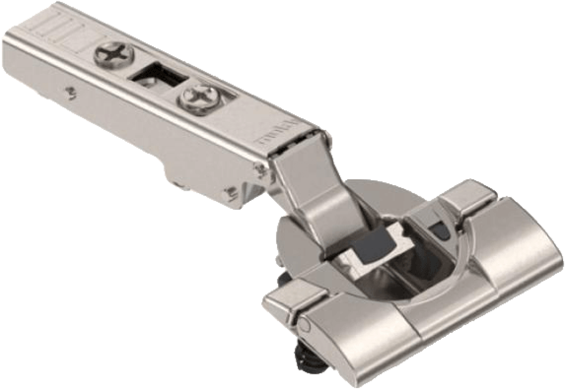 Close-up of a Blum 110° soft close hinge in metallic finish, mounted on a custom cabinet door. The hinge highlights the sleek design and soft-closing mechanism