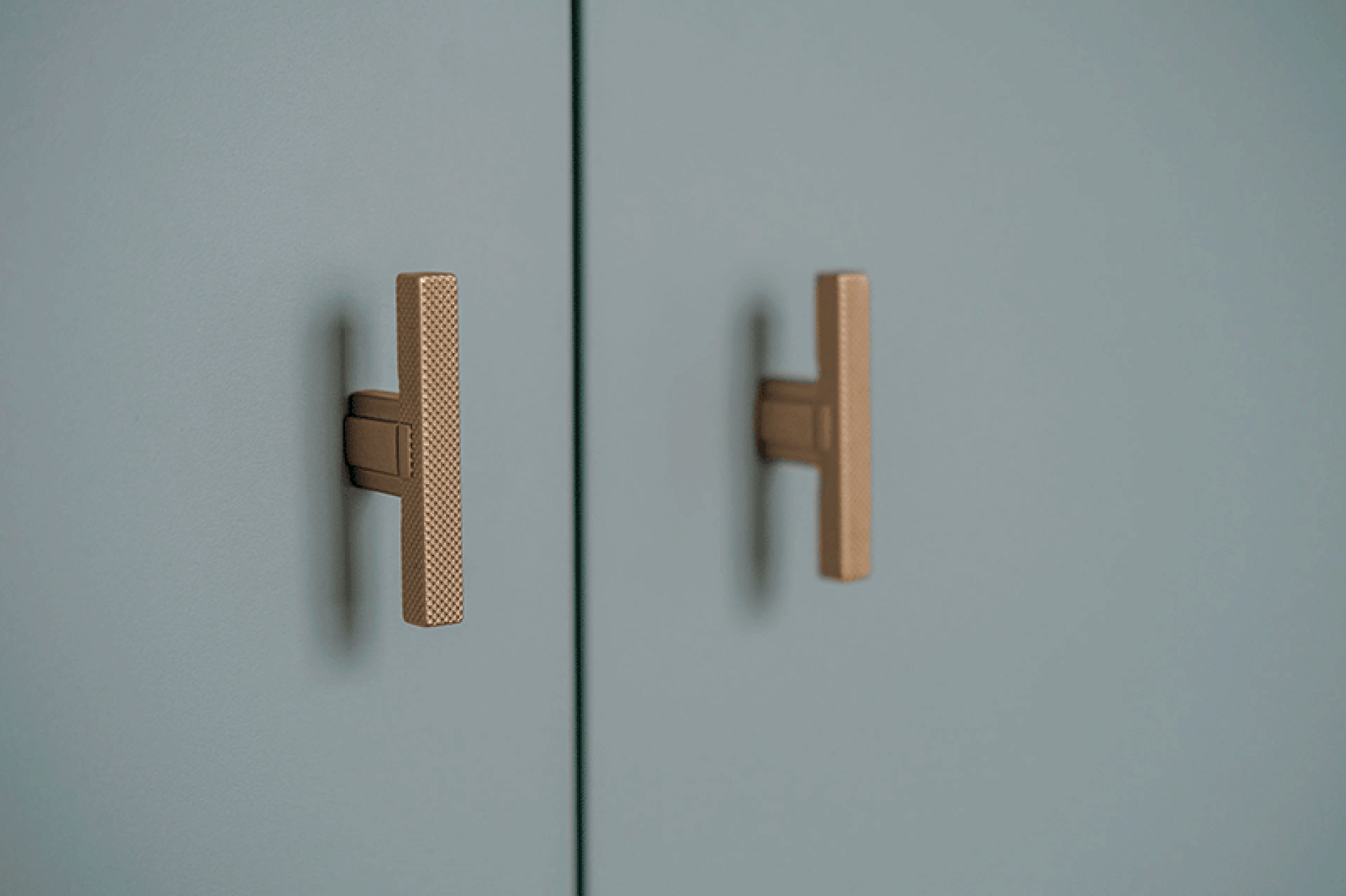 Close-up of the T-Diamond brass handles on a custom storage cabinet in Industrial Green.