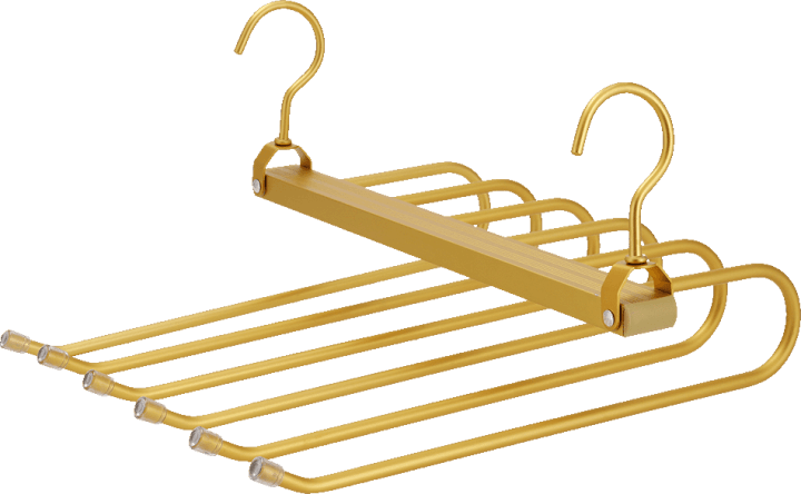 Goudkleurige kapstok voor broeken in messing, zijaanzicht. 2 haken, 36cm breed en 32cm lang. Ruimte voor maximum 6 broeken. Uit de boetiek van Maatkasten Online.