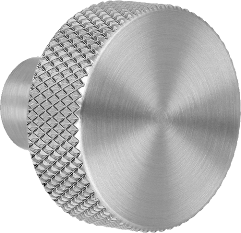 Button metallic handgreep, vooraanzicht. Diameter van 3,5cm, diamond cut structuur op de rand. Van uit de boetiek van Maatkasten Online