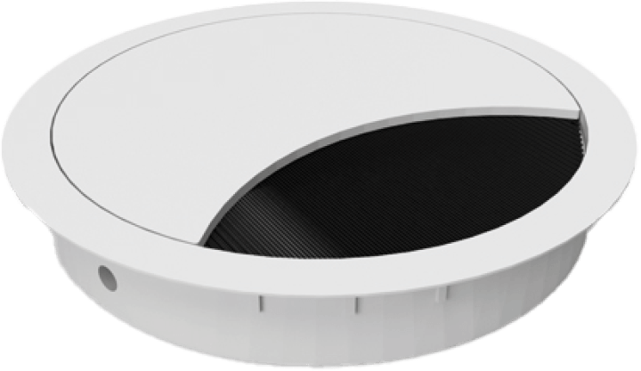 Op de foto zie je een ronde witte kabeldoorvoer met een diameter van 60 mm, perfect geschikt voor een nette kabelafwerking in bureaubladen of maatkasten. De afneembare deksel en het uitschuifbare klepje maken het eenvoudig om kabels netjes te geleiden en uit het zicht te houden. De strakke, neutrale kleur past perfect in elk modern interieur.