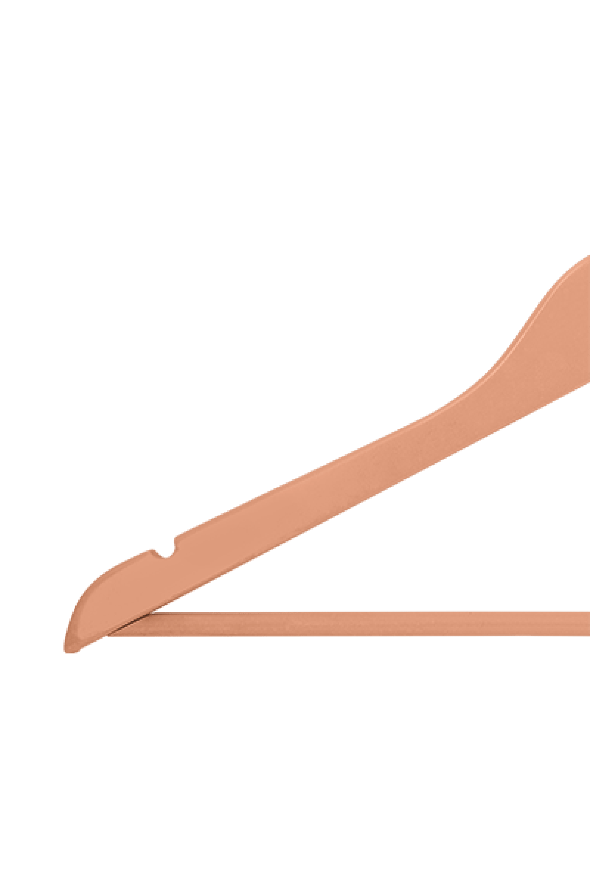 Porte-manteau en bois massif couleur corail poudré. Photo détaillée du logement antidérapant. On aperçoit également une partie de la barre à pantalons. Disponible sur la boutique en ligne de Maatkasten Online.
