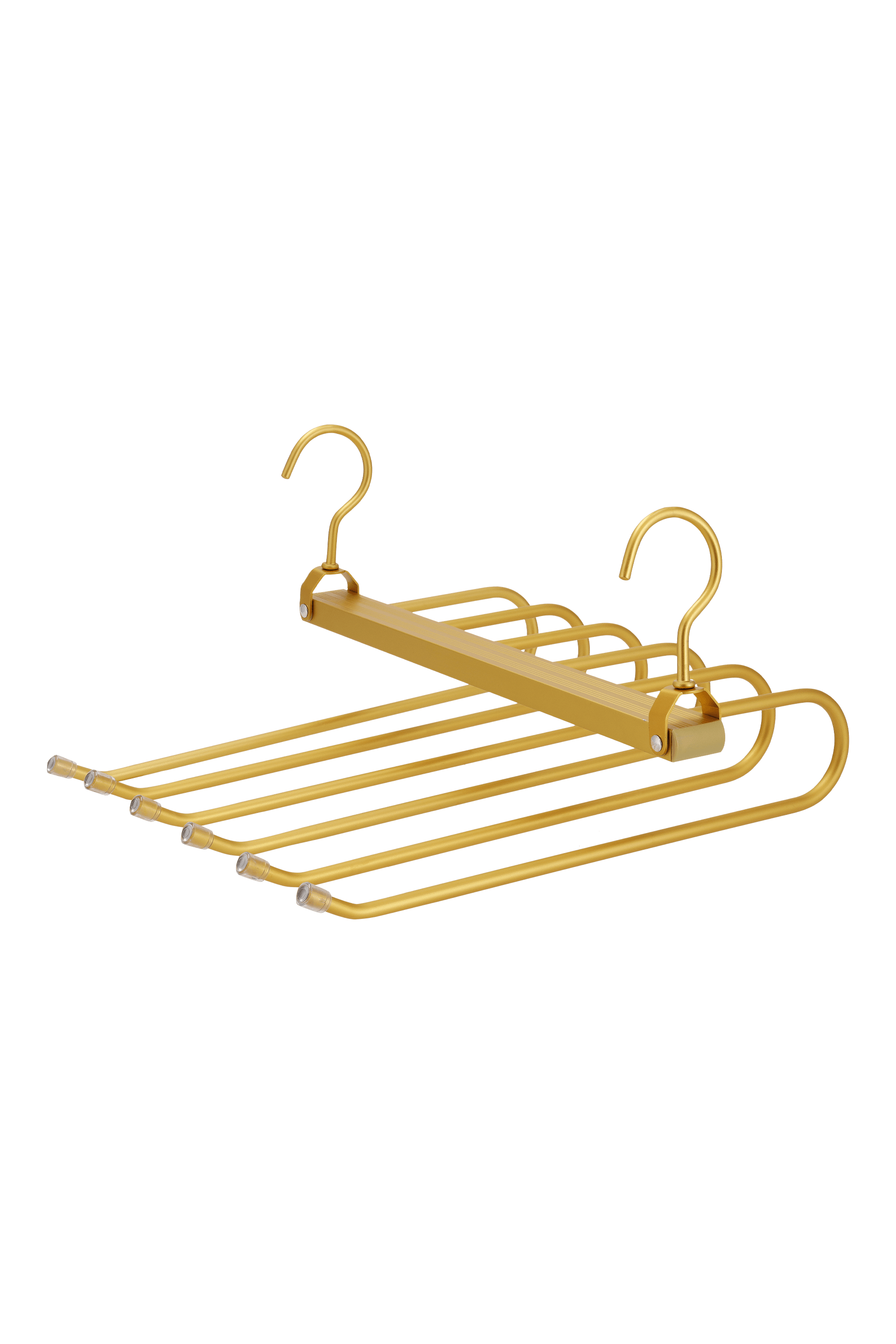 Gold-colored brass trouser rack, side view. 2 hooks, 36cm wide and 32cm long. Space for a maximum of 6 pairs of trousers. From the Maatkasten Online boutique.