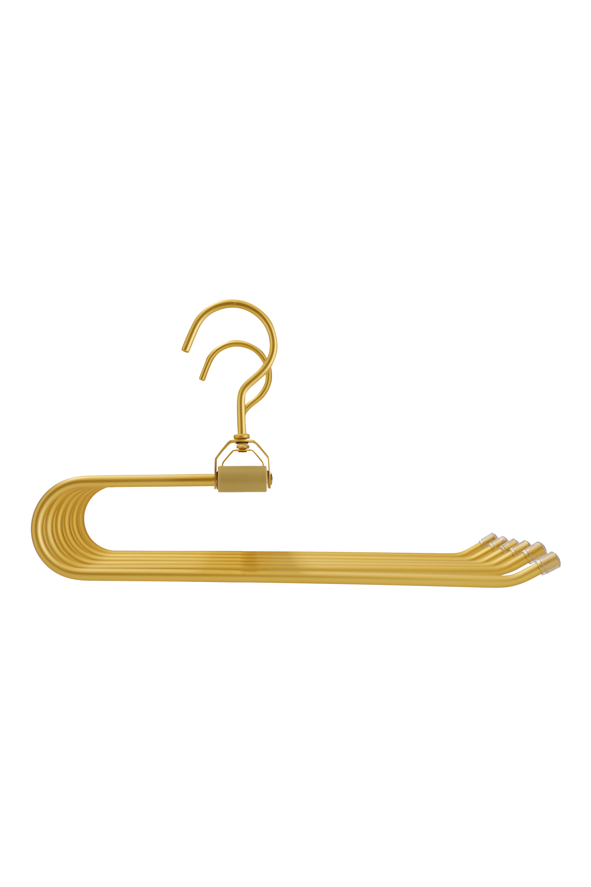 Gold-colored brass trouser rack, front view. 2 hooks, 36 cm wide and 32 cm long. Space for a maximum of 6 pairs of trousers. From the Maatkasten Online boutique.