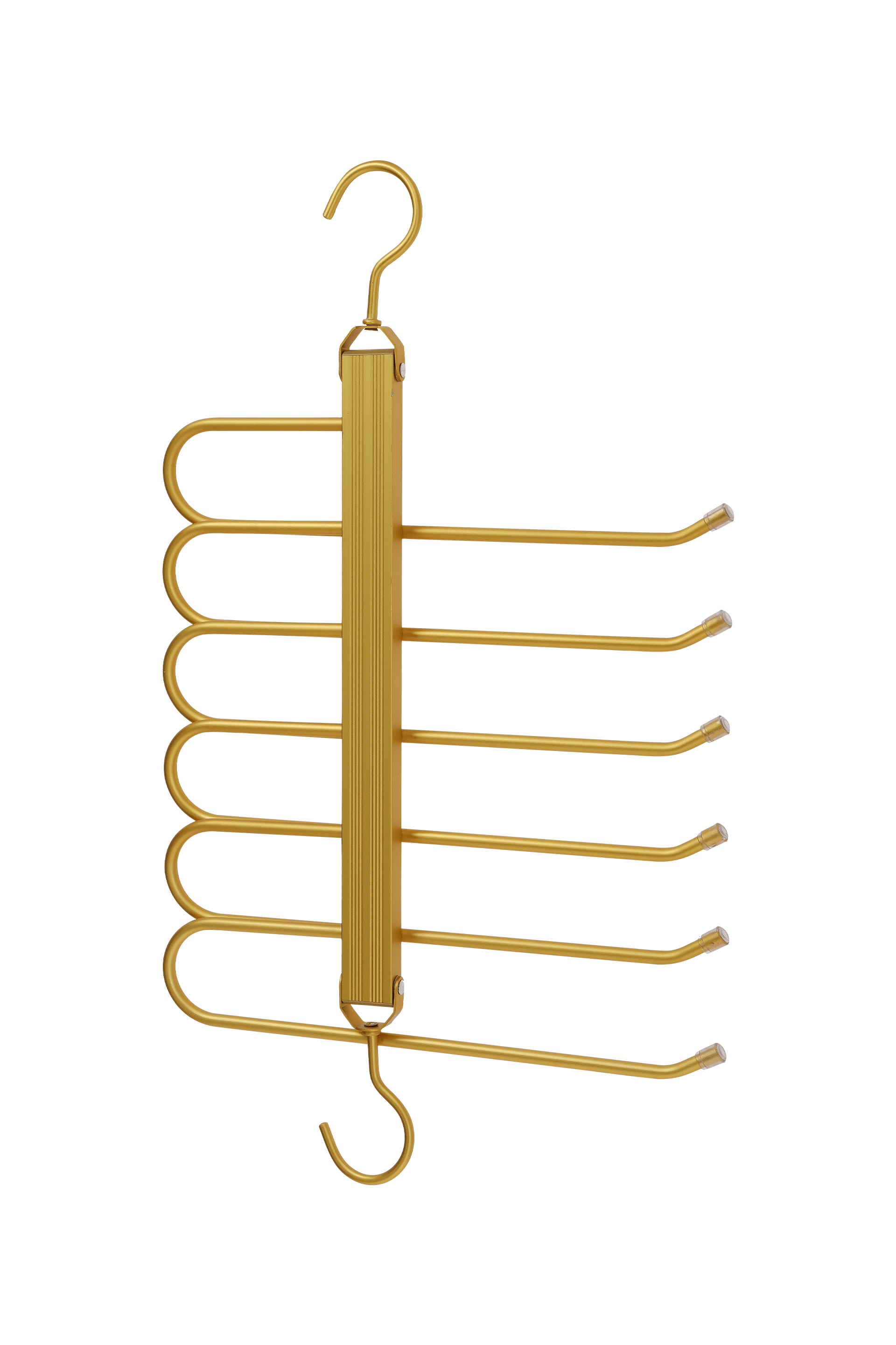 Gold-colored brass trouser hanger, top view. 2 hooks, 36 cm wide, 32 cm long. Space for up to 6 pairs of trousers. From the Maatkasten Online boutique.