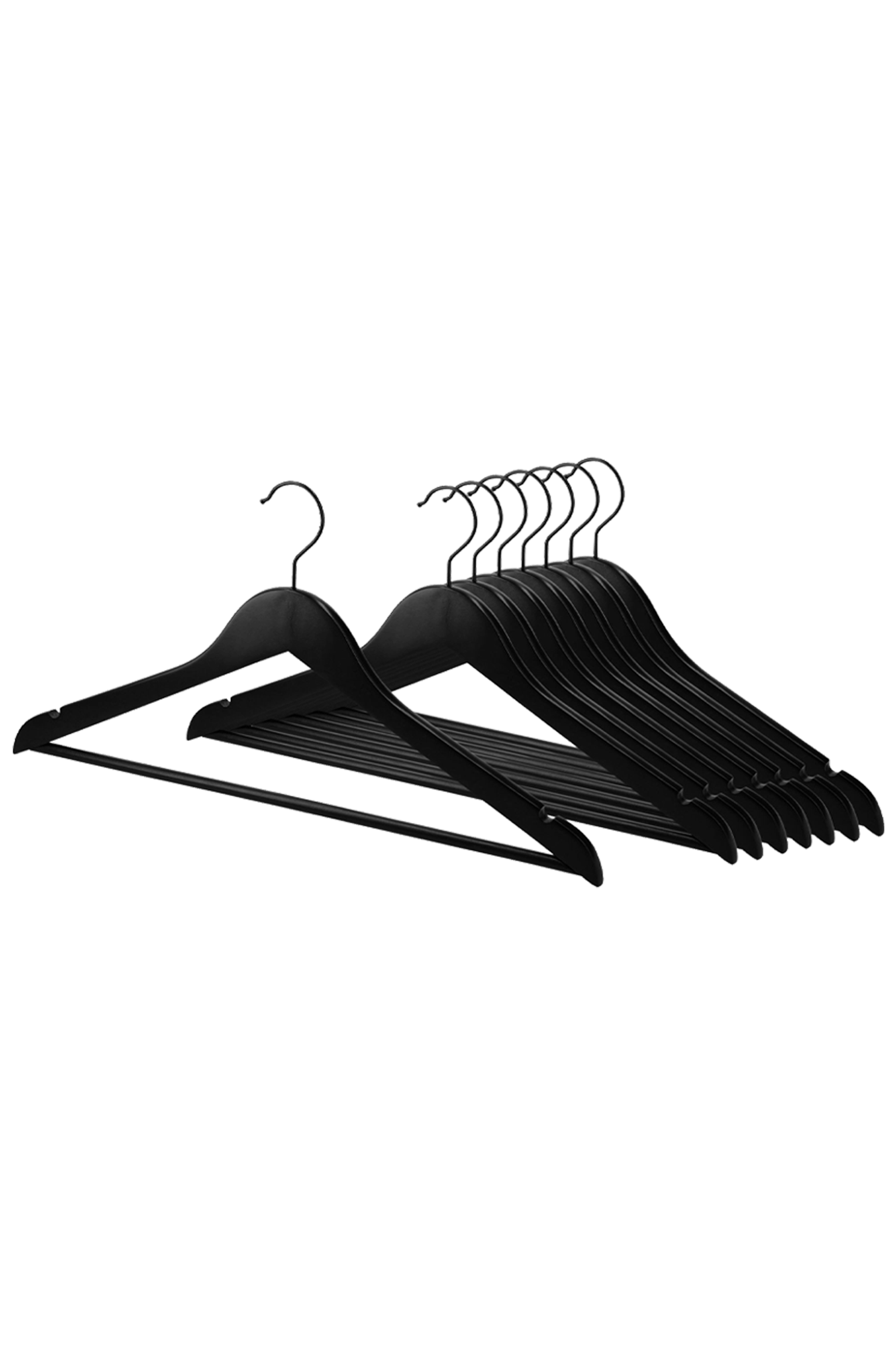 Black clothes hanger in sustainable hardwood, group of 8 coat hangers with the front hanger of the group highlighted. 44.5 cm wide, 12 cm long and 21 cm high. From the Maatkasten Online boutique.