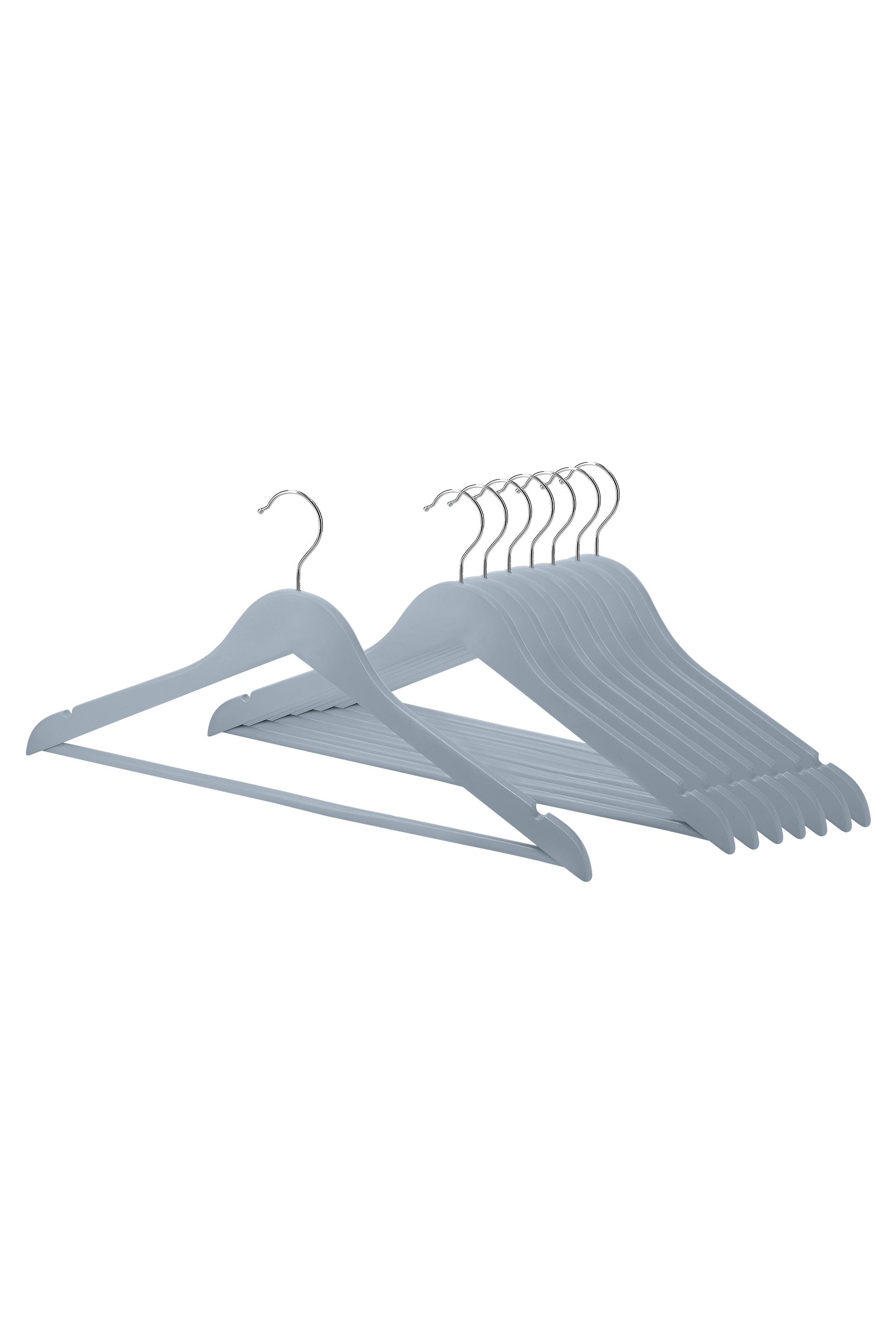Kleerhanger in de kleur Silver Blue in duurzaam hardhout, groep van 8 kapstokken met voorste hanger van de groep uitgelicht. 44,5 cm breed, 12 cm lang, 21 cm hoog. Uit de boetiek van Maatkasten Online.