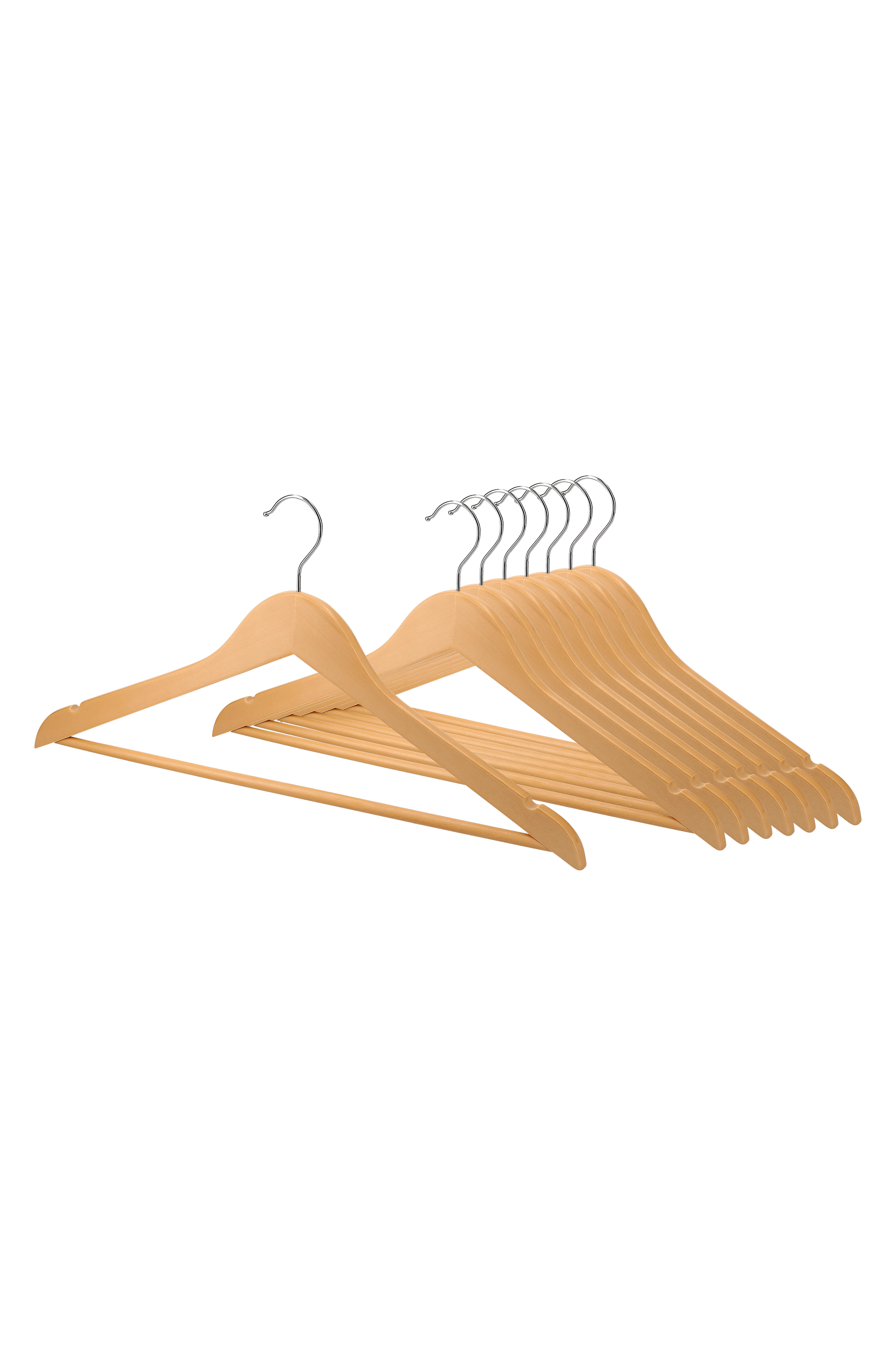 Kleerhanger natural in duurzaam hardhout, groep van 20 kapstokken met voorste hanger van de groep uitgelicht. 44,5 cm breed, 12 cm lang, 21 hoog. uit de boetiek van Maatkasten Online.