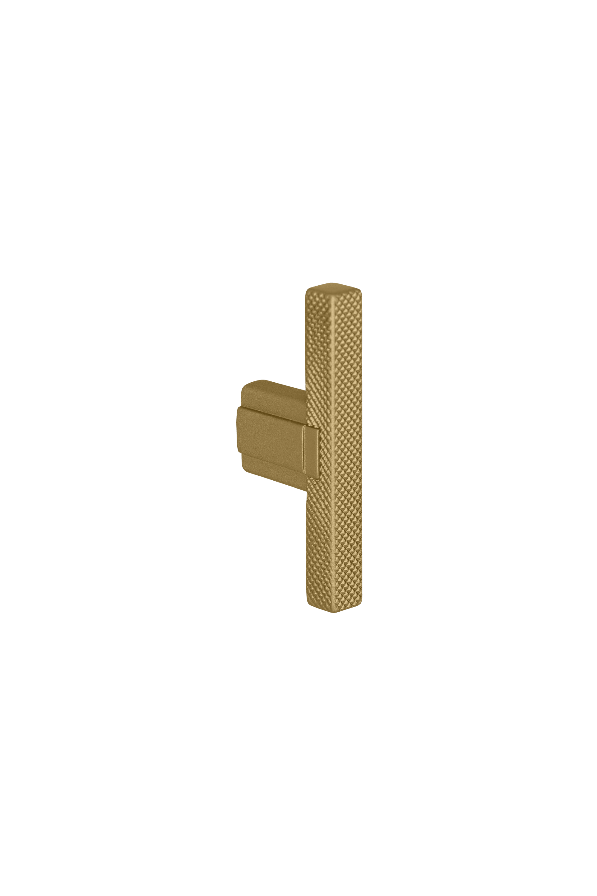 T-Diamond handle in brass, standing. Brushed gold, length 6.5cm, diamond cut structure. From the Maatkasten Online boutique.