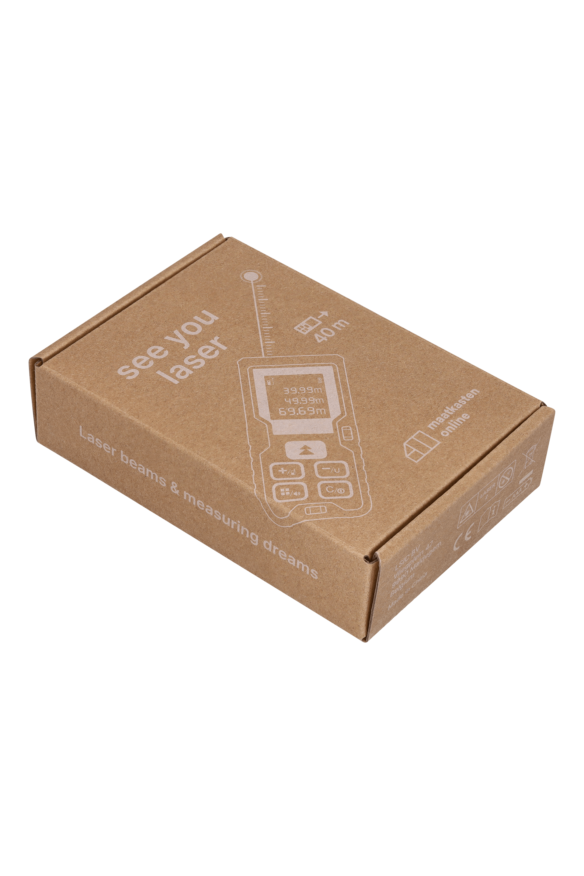 Photo du produit : boîte dans laquelle est emballé un télémètre laser de Maatkasten Online.