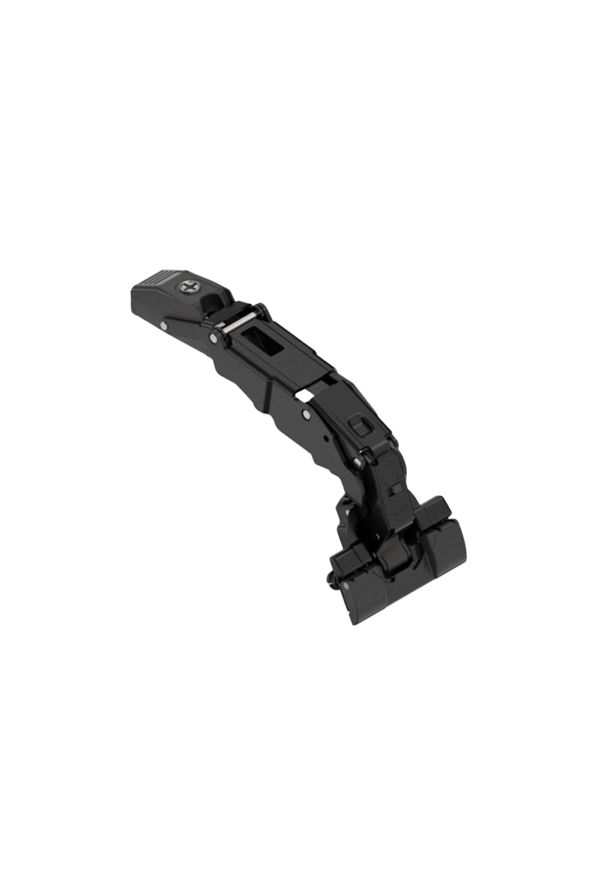 Blum CLIP top 155° hinge with integrated soft-close in a deep black finish. Ideal for wide cabinet doors and interior drawers. Thanks to the built-in BLUMOTION technology, the door always closes softly and silently.