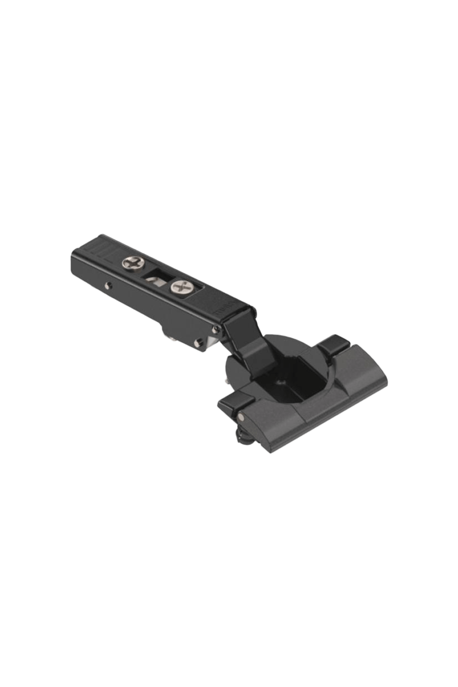 Black 110° springless hinge for handleless custom cabinets. Ideal for push-to-open doors with smooth and unobstructed opening.