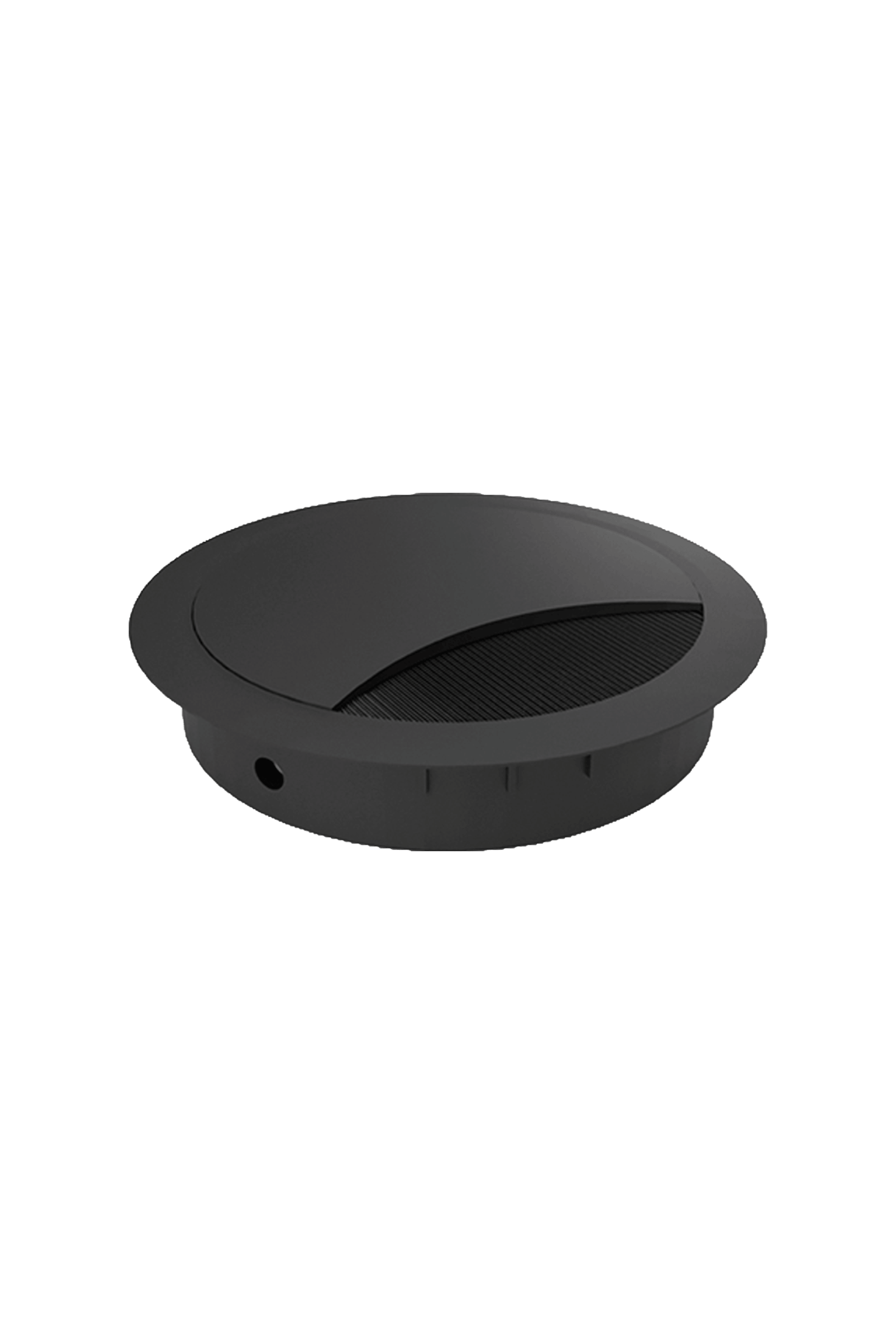 Gedetailleerde technische tekening van de zwarte kabeldoorvoer met een diameter van 80 mm. Inclusief precieze afmetingen, montage-instructies en overzicht van de borstelopening voor een perfecte kabelgeleiding en nette afwerking in werkbladen en kasten.