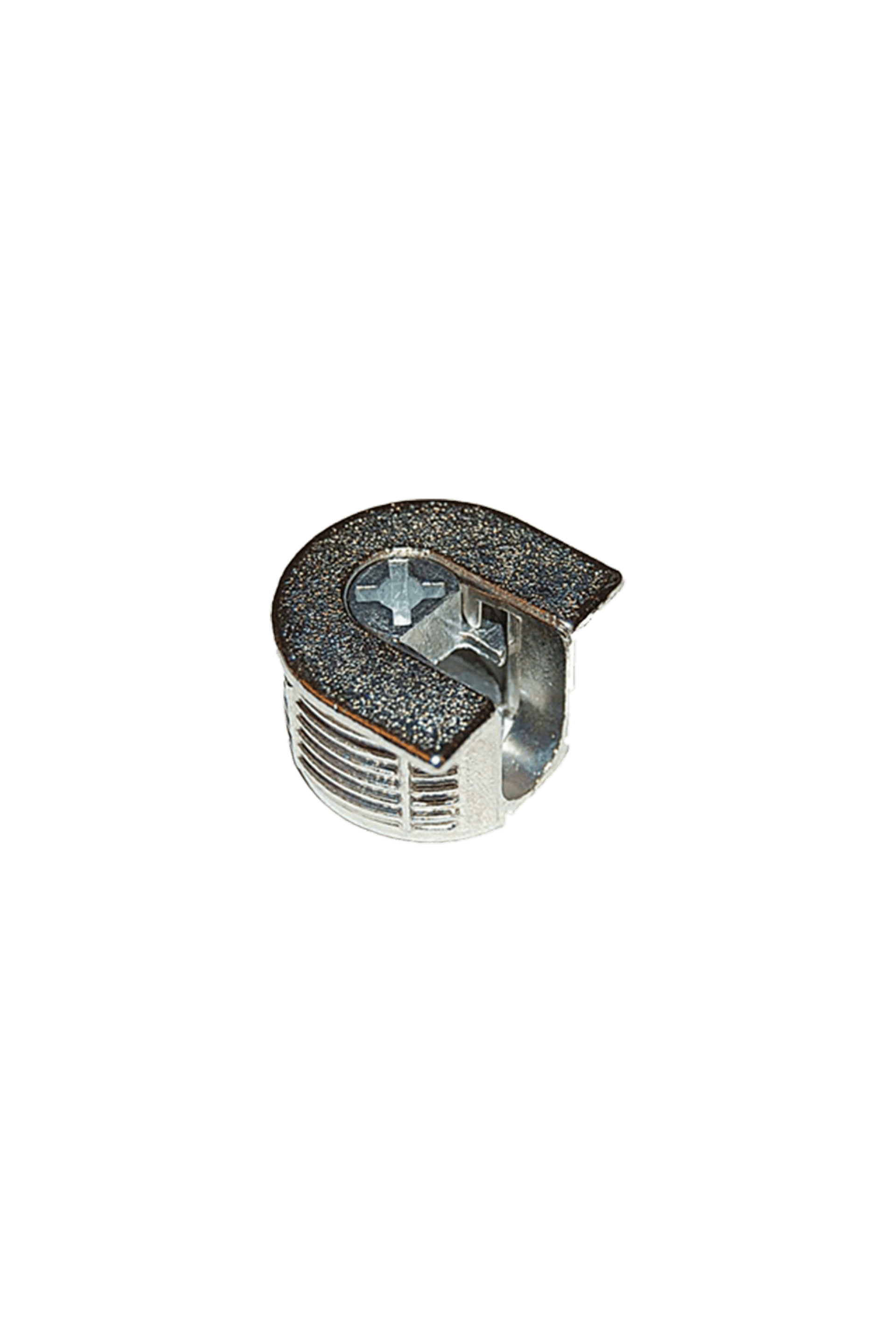 Close-up van een vaste legger vrouw, een robuuste metalen plankdrager die zorgt voor een stevige en onzichtbare ondersteuning van vaste planken in maatkasten. De vaste legger vrouw wordt bevestigd in het kastpaneel en klikt nauwkeurig vast met het vaste legger mannetje voor een duurzame en nette afwerking.