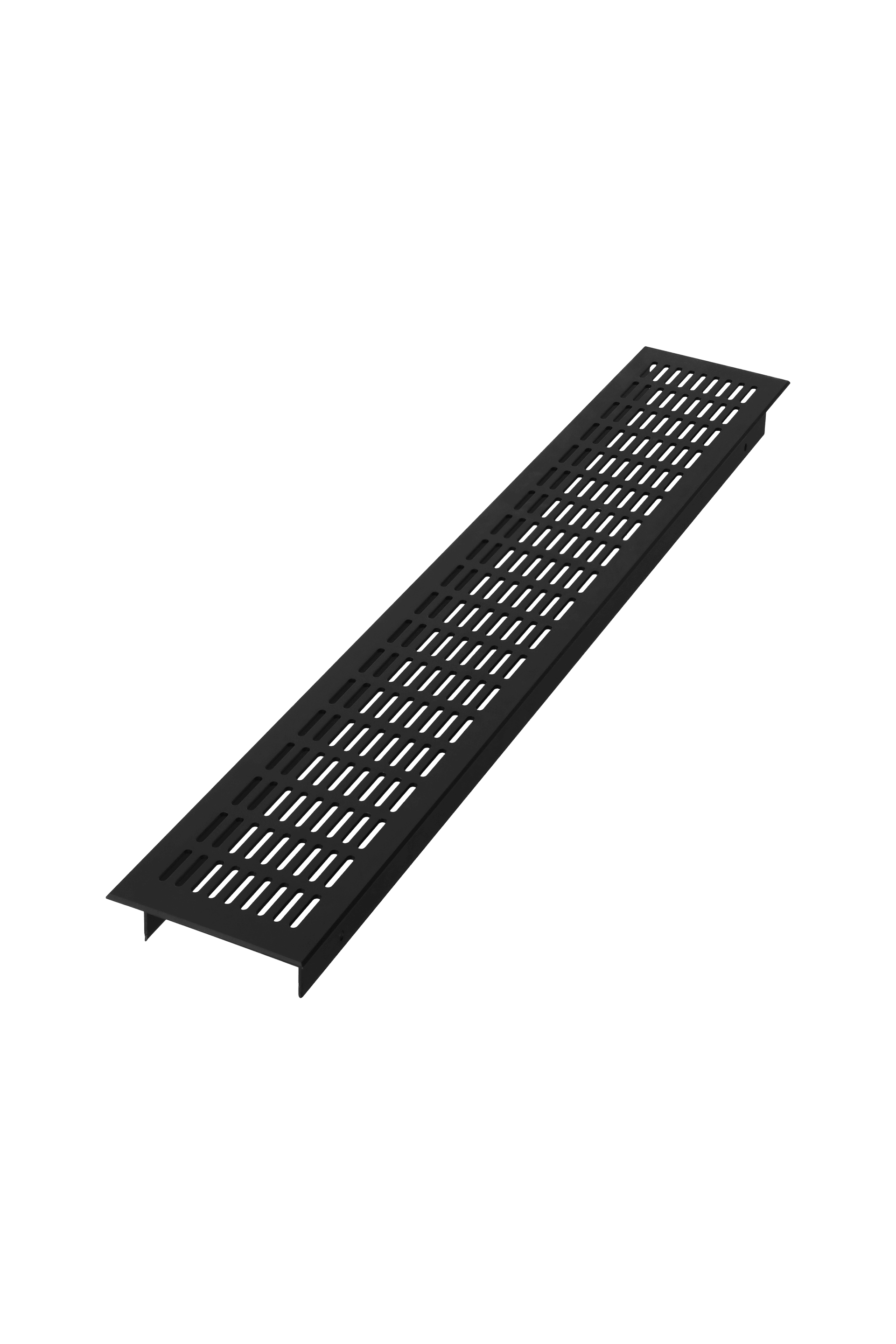 La grille présente un design épuré et minimaliste avec des fentes horizontales assurant une circulation d'air optimale. Grâce à sa finition noire mate, elle s'intègre discrètement aux intérieurs et meubles modernes. Elle est idéale pour la ventilation des meubles, des murs ou autres applications nécessitant une alimentation en air discrète et fonctionnelle.